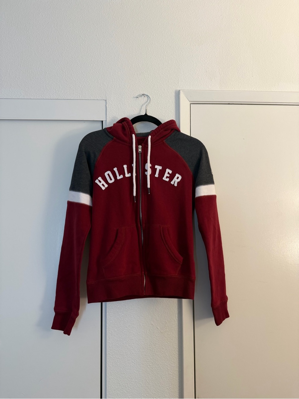 Hollister Maroon Zip Hoodie with Charcoal Shoulders